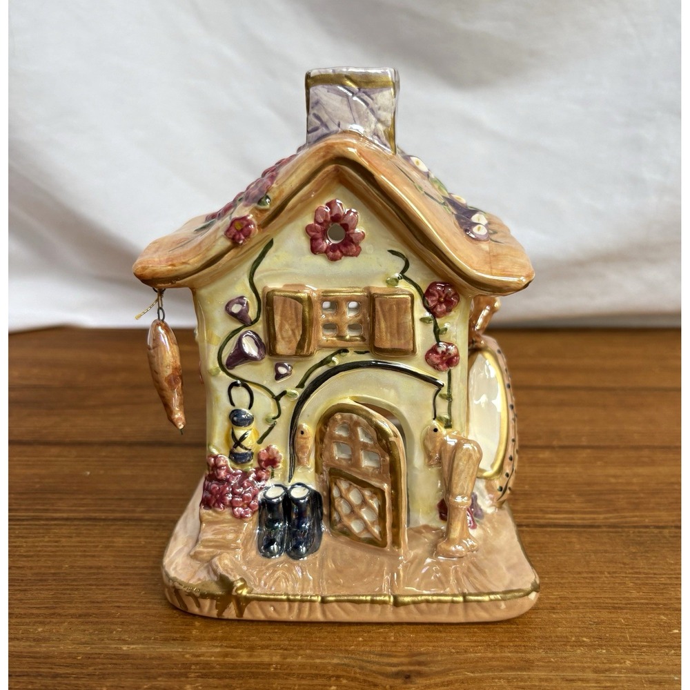 Ceramic Cottage Fishing House Tea Light Candle Holder Glazed Floral 3D 6"